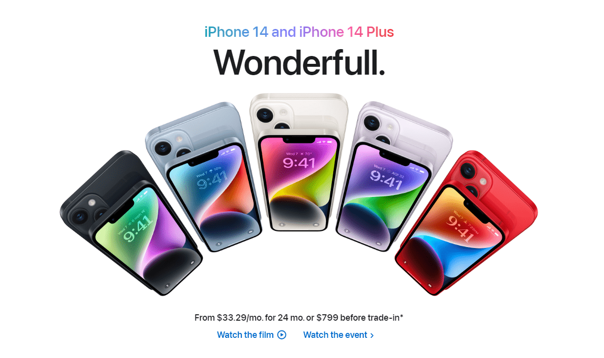 Ein Beispiel für ein Clean Design. Apple fächert verschiedenfarbige I-Phones auf  für ein Design.
