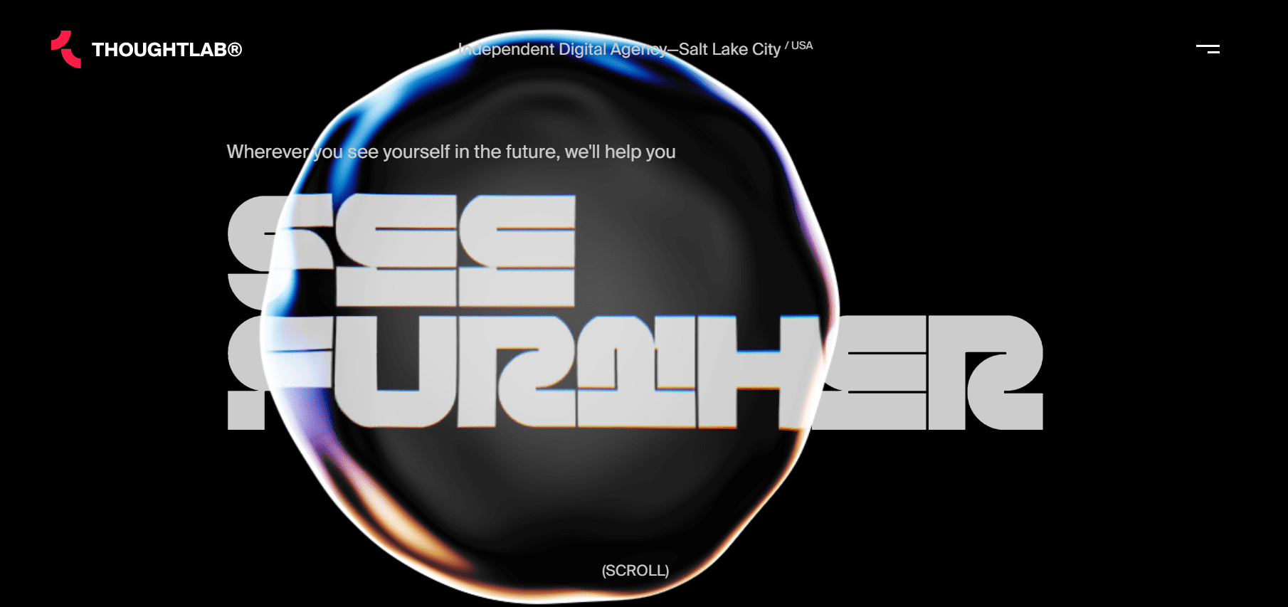 Thoughtlab's home page shows lettering and in the foreground is a circular element that mimics liquid.